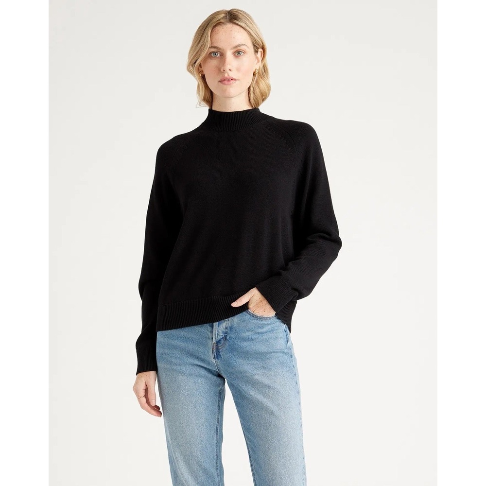 Quince Women's 100% Organic Cotton Mock Neck Sweater Size Large Black Classic